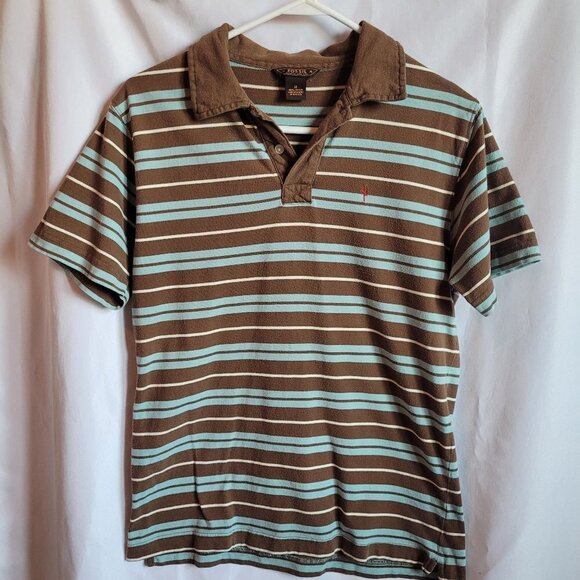 Fossil Men's Brown/Blue Striped Polo Shirt Size Medium - Picture 1 of 6
